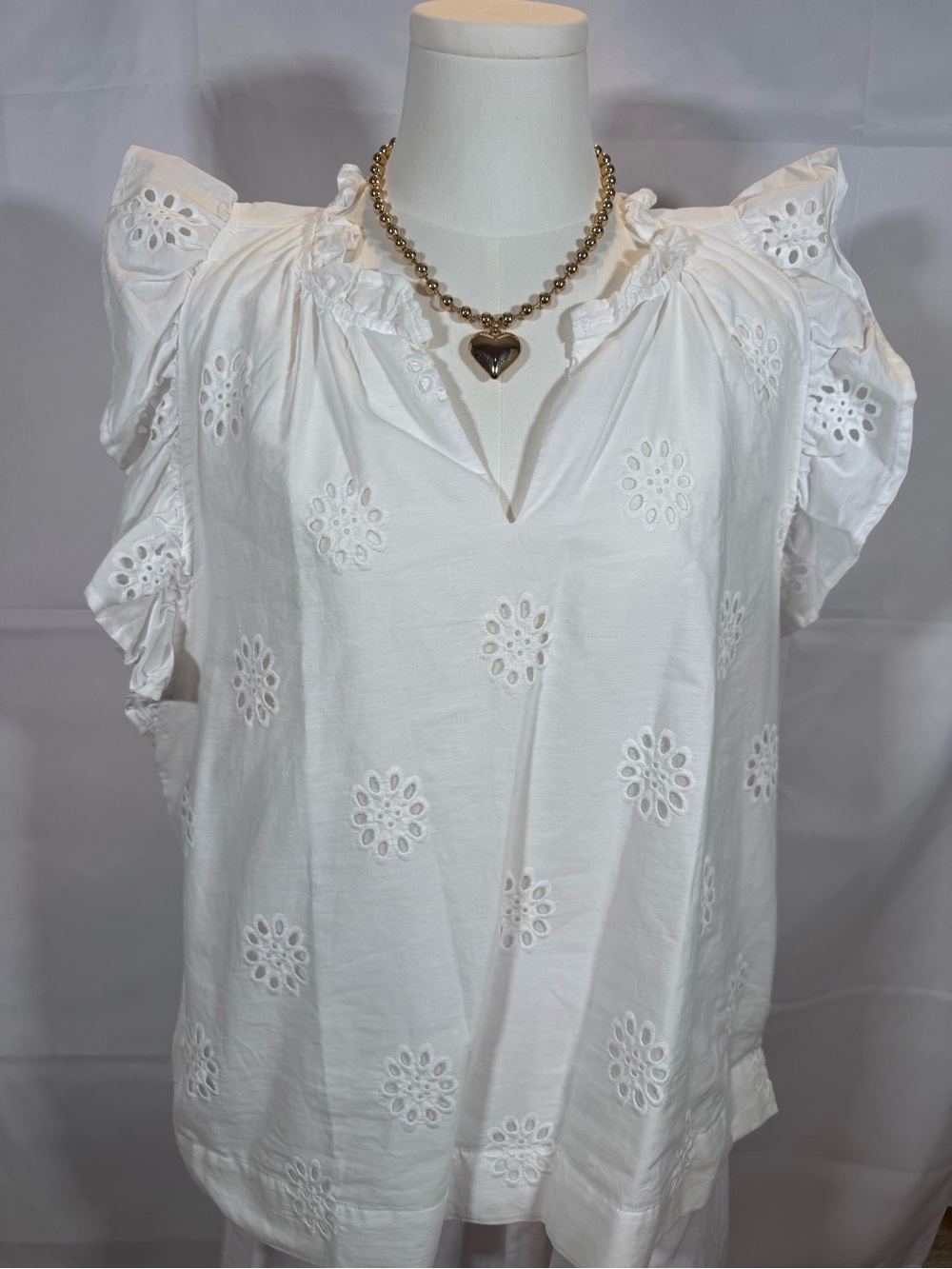 Women's White Eyelet Ruffle-Trim Blouse